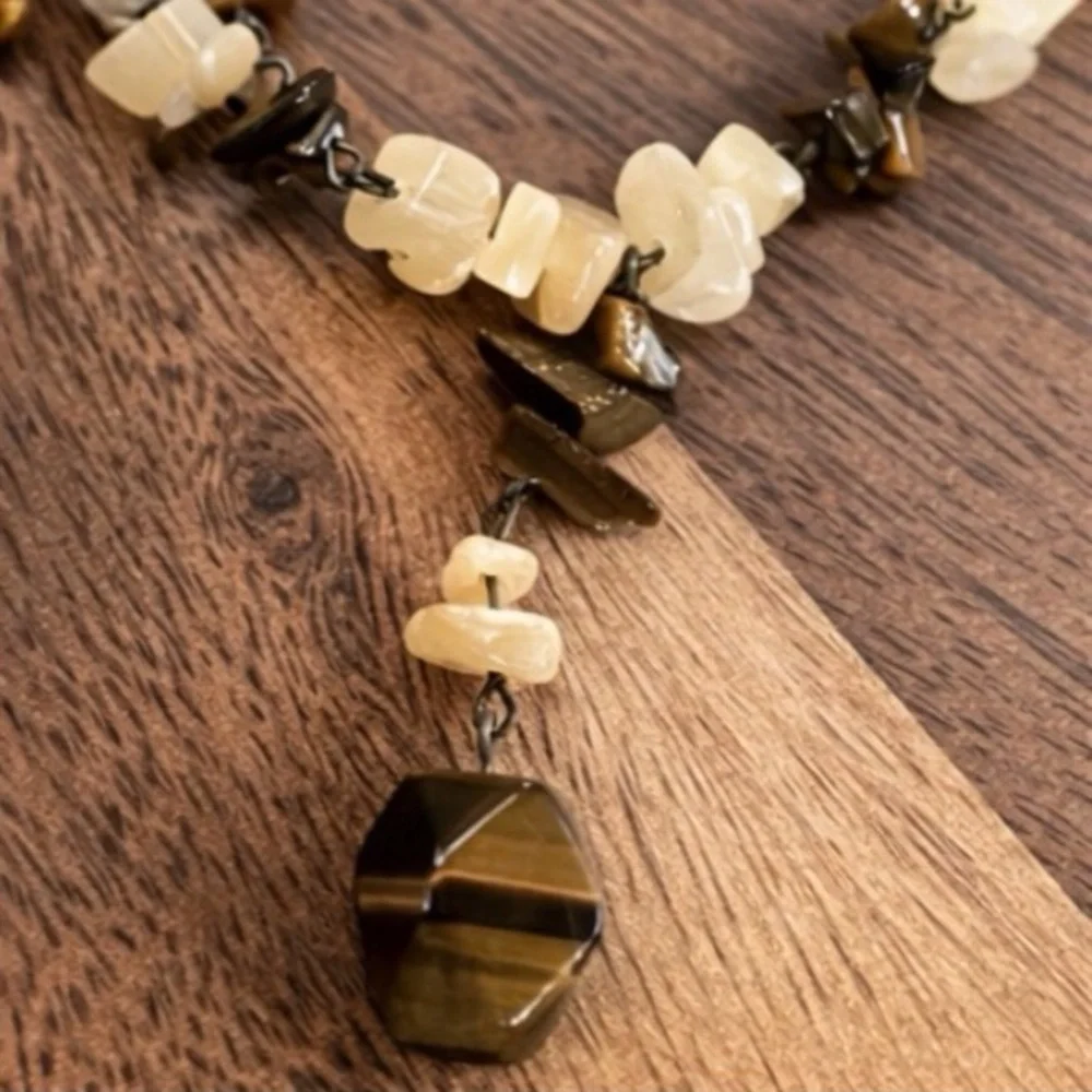Vintage Tiger’s Eye & Ivory Stone Bead Necklace Boho Artisan Earthy Adjustable